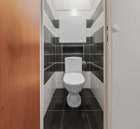 BA/RUŽINOV-Prenájom 1i bytu s balkónom a pivnicou v skvelej lokalite - Toaleta s čiernobielym obkladom v 1-izbovom byte.