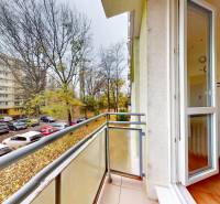 BA/RUŽINOV-Prenájom 1i bytu s balkónom a pivnicou v skvelej lokalite - Balkón v Bratislave na Exnárovej ulici, s výhľadom na parkovisko a stromy.