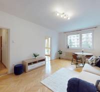 BA/RUŽINOV-Prenájom 1i bytu s balkónom a pivnicou v skvelej lokalite - Obývacia izba s podlahou s dreveným dekorom, pohovkou a jedálenským stolom v 1-izbovom byte.