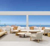 Novostavba Apartmán La Mata, 78m2, bazén, garáž - Terasa rekreačného apartmánu v Torrevieja s posedením, oceán a modrá obloha v pozadí.