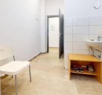 Obchodné, administratívne, priestory, showroom v exponovanej časti TT - Obchodné priestory s umývadlom, bielou stenou a podlahou s dreveným dekorom.