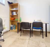 Obchodné, administratívne, priestory, showroom v exponovanej časti TT - Kancelárske priestory s policou, stoličkami a pracovnými stolmi s podlahou s dreveným dekorom.