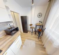 PRENÁJOM 1 IZB. BYT blízko centra, Bánovce nad Bebravou - Kuchynský kút s mikrovlkou, chladničkou a vysokými stoličkami v 1-izbovom byte.