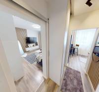 PRENÁJOM 1 IZB. BYT blízko centra, Bánovce nad Bebravou - Interiér 1-izbového bytu s podlahou s dreveným dekorom a moderným zariadením.