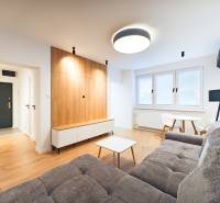 Prenájom úplne nového 2 izb. bytu - skvelá poloha a komfortné bývanie. - Obývacia izba s pohovkou, jedálenským stolom, dreveným dekorom podlahy v 2-izbovom byte.