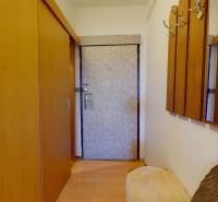 Z vchodu rovno do školy, na predaj praktický 3 izbový byt, Andrusovova - Vstupná hala v 3-izbovom byte s vešiakom, podlahou s dreveným dekorom a zrkadlom.