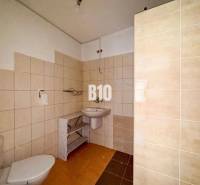 Rodinný dom s veľkým pozemkom (4641 m2)  - Ondrejovce - Kúpeľňa v rodinnom dome s béžovým obkladom a bielymi sanitárnymi zariadeniami.