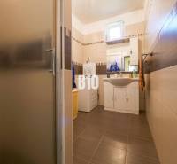 Rodinný dom s krásnym veľkým pozemkom ( stavebným) - Nové Sady - Kúpeľňa v rodinnom dome s práčkou a umývadlom, obložená hnedými dlaždicami.