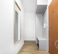 TOP lokalita na začiatku Petržalky, DVE VEŽE, Bosákova ul. - Predsieň v 2-izbovom byte s podlahou s dreveným dekorom, veľké zrkadlo na stene.