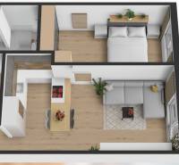 TOP lokalita na začiatku Petržalky, DVE VEŽE, Bosákova ul. - Pôdorys 2-izbového bytu s podlahou s dreveným dekorom, kuchyňou a balkónom.