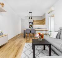 TOP lokalita na začiatku Petržalky, DVE VEŽE, Bosákova ul. - Obývacia izba s kuchyňou, sivým gaučom, televízorom a podlahou s dreveným dekorom v 2-izbovom byte.