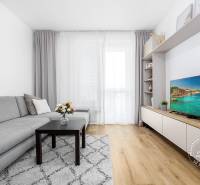 TOP lokalita na začiatku Petržalky, DVE VEŽE, Bosákova ul. - Svietivá obývacia izba v 2-izbovom byte s pohovkou, televíziou a podlahou s dreveným dekorom.