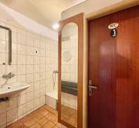 Na predaj rodinný dom s podnikateľským potenciálom, TN-Záblatie - Kúpeľňa v rodinnom dome s umývadlom, sprchovým kútom a dverami označenými 