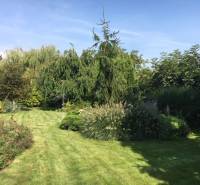 Dom s garážou na peknom rovinatom pozemku so šírkou 24m. - Záhrada pri rodinnom dome v Čiernej Vode s bujnou zeleňou a trávnikom.