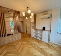 2-izbový byt po kompletnej rekonštrukcii Staré mesto - Interiér 2-izbového bytu s podlahou s dreveným dekorom a delenou priečkou.