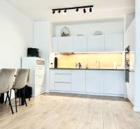 PRENÁJOM exkluzívny 2 izb byt POPRAD s loggiou 53,9 + 8,34 m2 - Kuchyňa v 2-izbovom byte s podlahou s dreveným dekorom a jedálenským stolom.