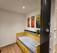 Kompletne zrekonštruovaná garsónka - BA Nové mesto - Garsónka s jednolôžkovou postelí, maľbami stromov a podlahou s dreveným dekorom.