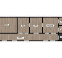 RODINNÝ DOM, HOS. BUDOVA, POZEMOK 467m2, SENICA-KUNOV. - Pôdorys rodinného domu ukazuje tri izby, kuchyňu a kúpeľňu s komorou.