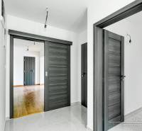 3-izbový moderne zrekonštruovaný rodinný dom v obci Jaslovské Bohunice - Interiér rodinného domu s tmavými dverami a podlahou s dreveným dekorom.