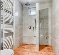 3-izbový moderne zrekonštruovaný rodinný dom v obci Jaslovské Bohunice - Sprchový kút v rodinnom dome s podlahou s dreveným dekorom a svetlými obkladmi.
