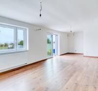 3-izbový moderne zrekonštruovaný rodinný dom v obci Jaslovské Bohunice - Priestranná obývacia izba v Rodinnom dome s podlahou s dreveným dekorom a veľkými oknami.