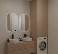 NOVÝ 2 - IZB. BYT (63m2), SENICA - SADOVÁ - Kúpeľňa s dreveným nábytkom a dvoma umývadlami, práčka na praniu bielizne.