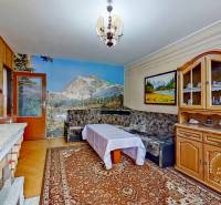 Rodinný dom, Kamienka, okr. Stará Ľubovňa - Obývacia izba v rodinnom dome s dreveným dekorom, sedačkou a nástennou dekoračnou tapetou.