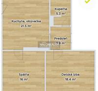 REZERVOVANÉ - Predaj, trojizbový byt Bošany - EXKLUZ... - Pôdorys 3-izbového bytu s označením miestností: kuchyňa, obývačka, spálňa, detská izba, kúpeľňa.