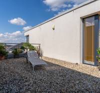 Moderný rodinný dom s bazénom v Trnave!!! - Terasa rodinného domu na Jazdeckej ulici v Trnave so zeleňou a ležadlom.