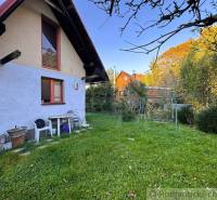 Záhrada s chatkou pod Malými Karpatami, Sološnica - Exteriér chaty v Sološnici obklopený zeleným trávnikom a stromami.