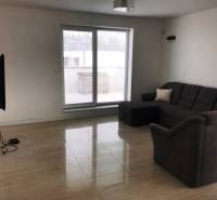 3 izbový byt, 50 m2 terasa, 2PS, Gajarská ulica, Záhorská Bystrica - Obývacia izba v 3-izbovom byte s pohovkou, TV a podlahou s dreveným dekorom.