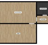 NA PREDAJ 1-IZBOVÝ BYT (37m2), SENICA, HVIEZDOSLAVOVA UL. - Pôdorys 1-izbového bytu s kuchyňou, kúpeľňou a dreveným dekorom podlahy.