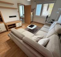 3 izbový byt  balkónom Topoľčany Juh - Obývacia izba v 3-izbovom byte so sedačkou a podlahou s dreveným dekorom.