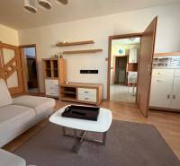 3 izbový byt balkónom Topoľčany Juh - Obývacia izba v 3-izbovom byte s pohovkou a podlahou s dreveným dekorom.