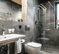 Na predaj krásny apartmám v Štrbe - Kúpeľňa v 2-izbovom byte s prehľadnou sprchou a šedými obkladmi, dekorovaná zeleňou.