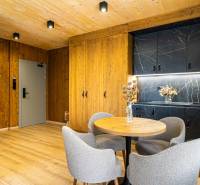 Na predaj krásny apartmám v Štrbe - Interiér 2-izbového bytu s podlahou s dreveným dekorom, drevenými stenami a čiernou kuchynskou linkou.