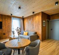 Na predaj krásny apartmám v Štrbe - Obývacia izba v 2-izbovom byte s podlahou s dreveným dekorom a drevenými obkladmi.