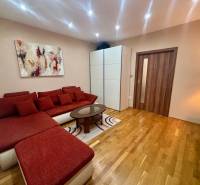 PRENÁJOM - Útulný 1-izbový domček na Hlbokej ulici - 1-izbový byt s červenou pohovkou, umením na stene a podlahou s dreveným dekorom.