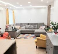 Predaj, trojizbový byt Komárno - Obývacia izba v 3-izbovom byte s podlahou s dreveným dekorom, sivou sedačkou a žltým kreslom.