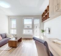 Nájom garsónka, 34 m2 | kryté parkovanie | Odevná, Trenčín - Garsónka so svetlým interiérom, sedačkou, stolíkom a pracovným kútom s poličkami.