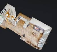 Nájom garsónka, 34 m2 | kryté parkovanie | Odevná, Trenčín - 3D pohľad na garsónku so zariadením: kuchyňa, obývacia časť, nábytok, drevené podlahy.