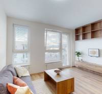 Nájom garsónka, 34 m2 | kryté parkovanie | Odevná, Trenčín - Garsónka s dreveným nábytkom, pohovkou, stolíkom a výhľadom cez veľké okná.