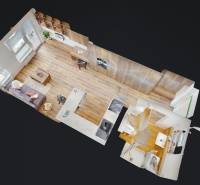 Nájom garsónka, 34 m2 | kryté parkovanie | Odevná, Trenčín - Garsónka s pohľadom zhora, ukazujúca obývaciu izbu s kuchyňou a nábytkom.