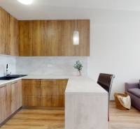 Nájom garsónka, 34 m2 | kryté parkovanie | Odevná, Trenčín - Garsónka s drevenou kuchyňou, pohovkou a barovým stolom, svetlý interiér s jednoduchou výzdobou.