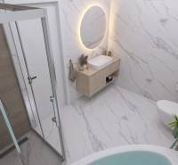 RODINNÝ DOM – dvojdom, na Ul. Ivana Braunera v Nitre - NOVOSTAVBA.  - Kúpeľňa s obdĺžnikovým zrkadlom, skleneným sprchovým kútom a toaletou, podlaha s dreveným dekorom.