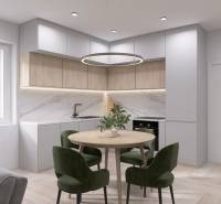 RODINNÝ DOM – dvojdom, na Ul. Ivana Braunera v Nitre - NOVOSTAVBA.  - Kuchyňa v rodinnom dome, s mramorovým obkladom, zelenými stoličkami a podlahou s dreveným dekorom.