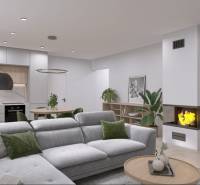 RODINNÝ DOM – dvojdom, na Ul. Ivana Braunera v Nitre - NOVOSTAVBA.  - Obývacia izba s rohovou sedačkou a krbom v rodinnom dome s podlahou s dreveným dekorom.