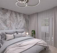 RODINNÝ DOM – dvojdom, na Ul. Ivana Braunera v Nitre - NOVOSTAVBA.  - Spálňa s podlahou s dreveným dekorom, rastlinou a závesmi v rodinnom dome.