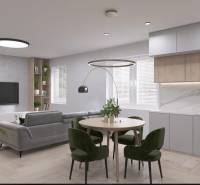 RODINNÝ DOM – dvojdom, na Ul. Ivana Braunera v Nitre - NOVOSTAVBA.  - Obývacia izba v rodinnom dome s kuchyňou, kreslami a podlahou s dreveným dekorom.