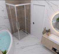 RODINNÝ DOM – dvojdom, na Ul. Ivana Braunera v Nitre - NOVOSTAVBA.  - Kúpeľňa v rodinnom dome s vaňou, sprchovým kútom a umývadlom na bielej doske.